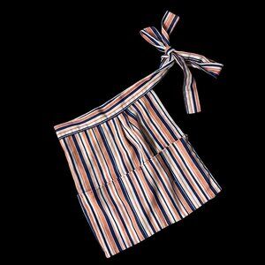 Vintage Handmade Apron Multiple Pockets Striped Blue Orange Smock Tie Back